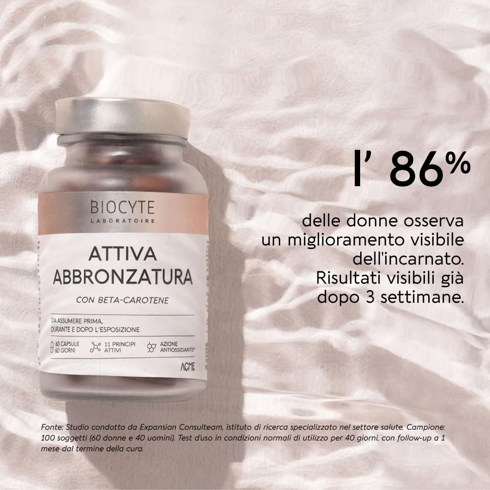 Biocyte Attiva Abbronzatura - Preparatore Solare - Integratore con Betacarotene - Rame, Vitamina D3, Vitamina E - Attivatore Abbronzatura Pelle Viso e Corpo - Vegano - 60 Capsule - 2 Mesi