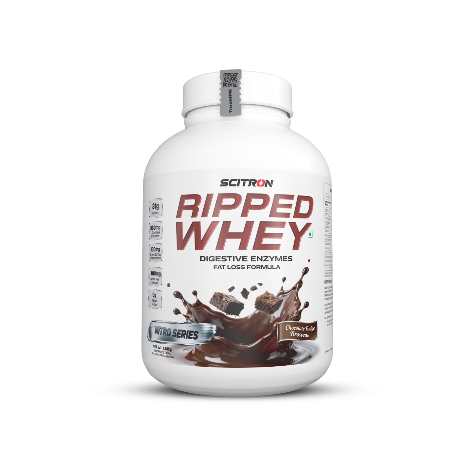 Scitron Ripped Whey Protein Powder 1.81 Kg- Chocolate Fudge Brownie| (30g Protein, 500mg L-Carnitine, 300mg CLA) | For Weight Loss & Post Workout Recovery