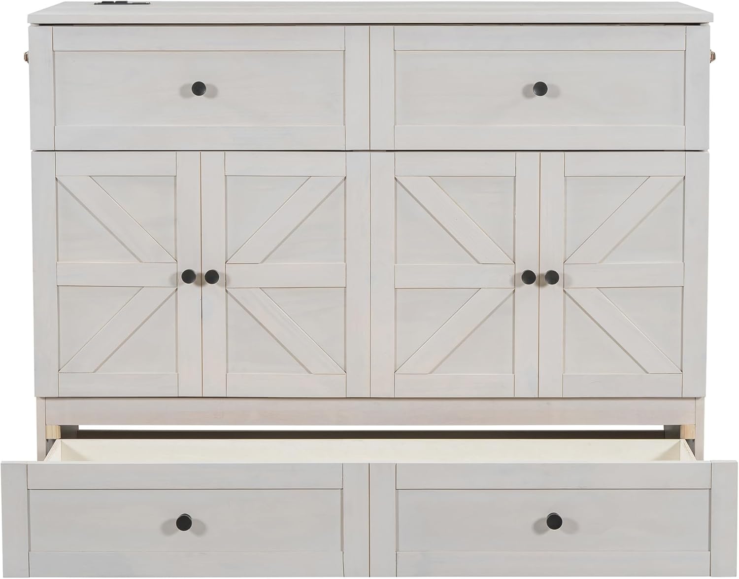 Merax Full Size Murphy Cabinet Bed Wood Bed Frame Cube Cabinet Bed Frame with Charging Station and Large Drawer, Strip Patterns Door with Black Handle, for Bedroom, Guest Room, Home Office, White