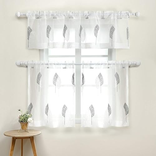 VOGOL Juego de cortinas transparentes bordadas y cenefas para sala de estar, con bolsillo para barra blanca, par de cortinas traslúcidas para