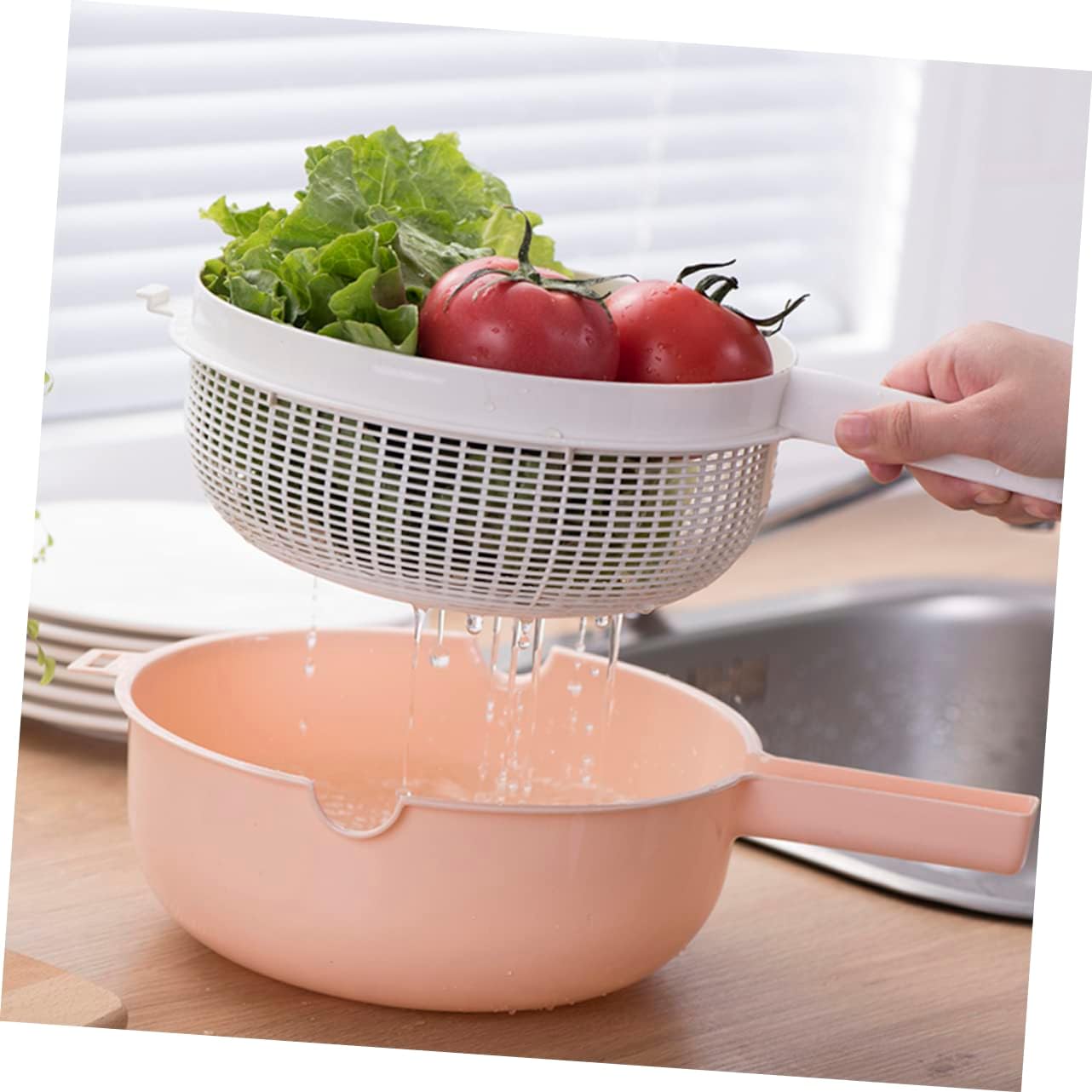 2pcs Double Portable Fruit and Vegetable Washing Basket with Handle Efficient Drainage Colander for Kitchen Utensils for Washing Rice Fruits and Veggies