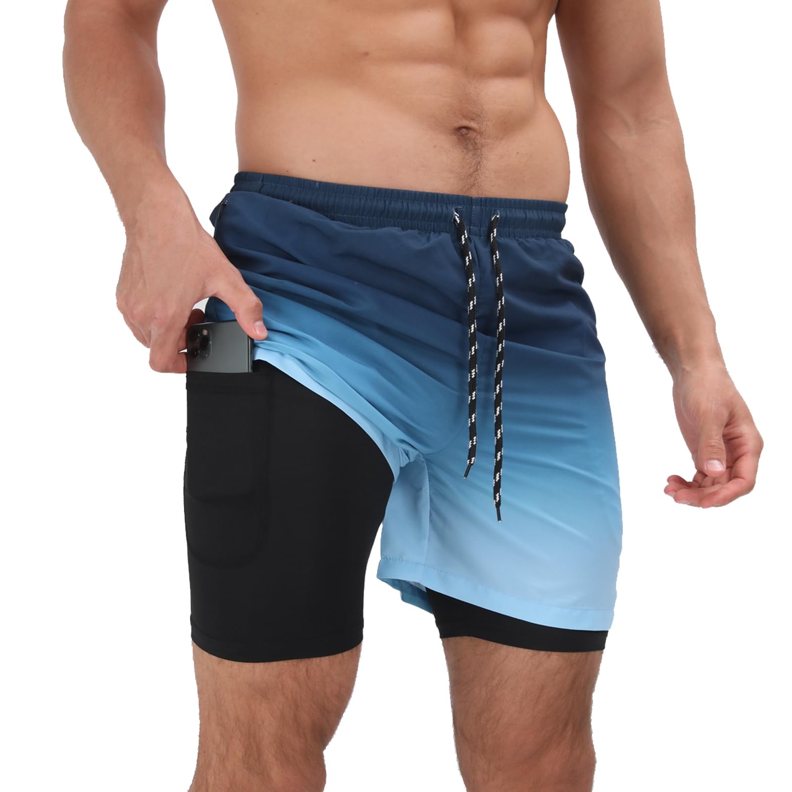 Mens Swim Trunks with Compression Liner 2 in 1 Quick Dry Beach Swimming Trunks Swim Shorts with Zipper Pockets