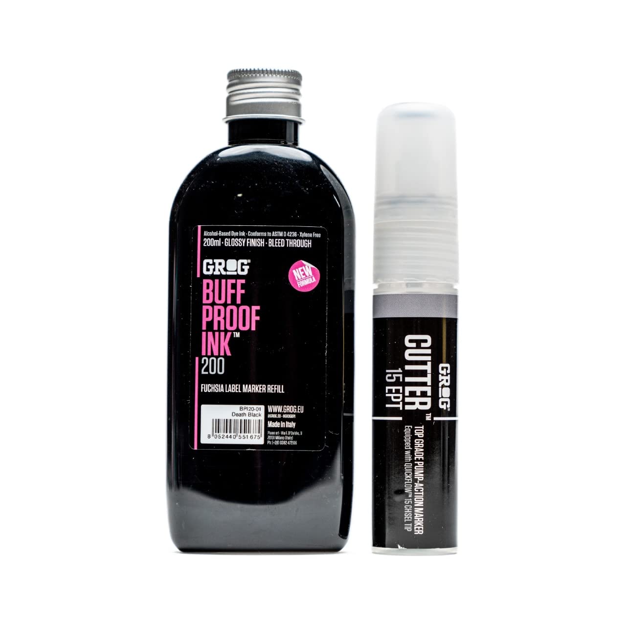 Grog Buff Proof Ink & Cutter 15 EPT - 15mm Marker Pen & Refill Ink Bundle - Glossy Pack 200ml (Death Black)