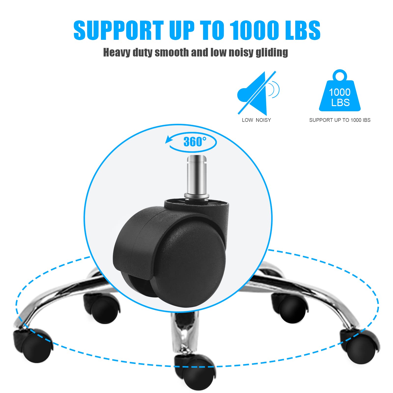 YIOVVOM Office Chair Wheels Replacement Rubber Chair casters(Set of 5) for Hardwood Floors and Carpet- Heavy Duty Caster Support up to 750bls,2 Inch 11mm Universal Standard Size (Black) - Image 3