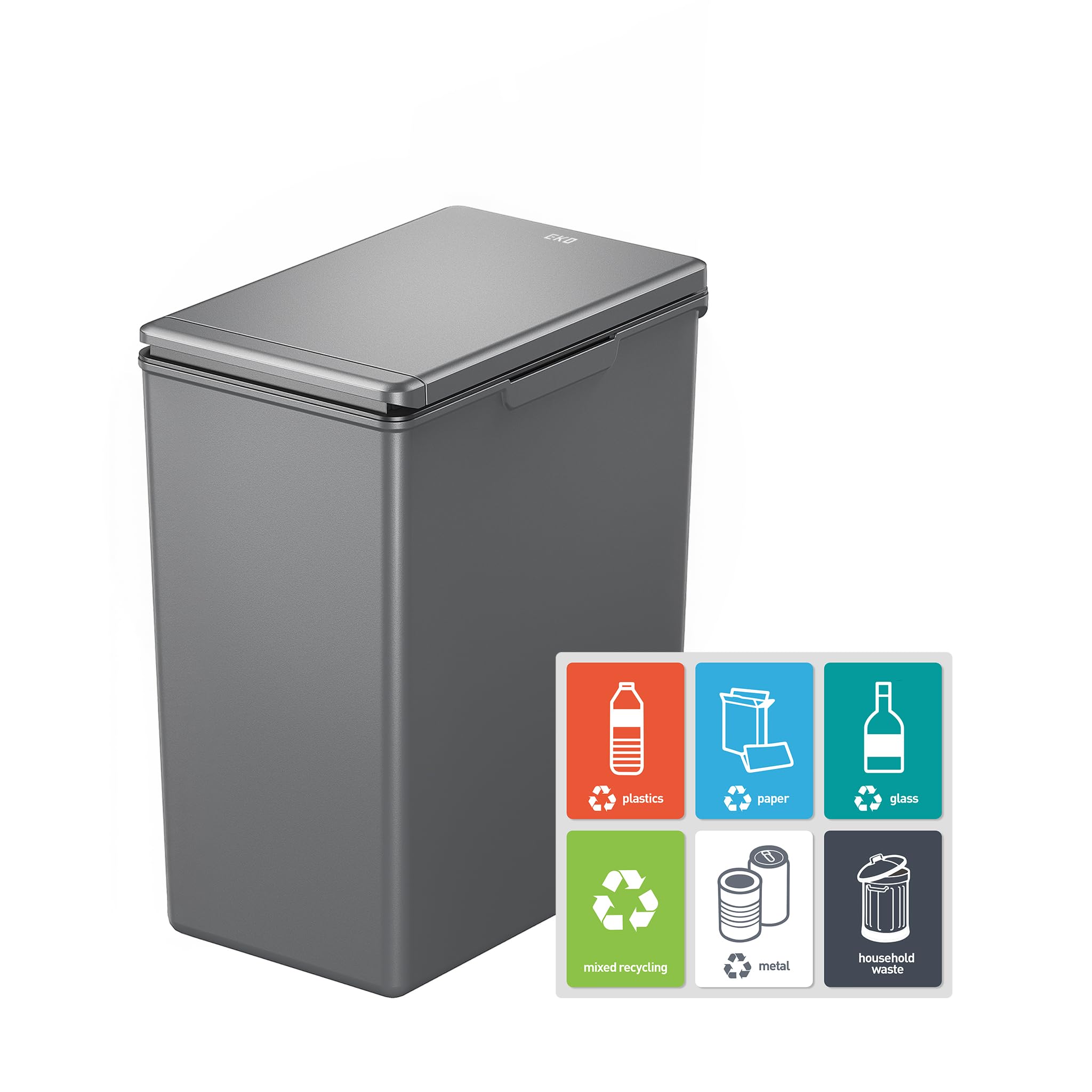 EKO Morandi 20L Kitchen Recycling Bin with Touch-Top Lid, Slim Plastic Rubbish Bin with Recycling Stickers and Easy-Clean Finish, Compact Design for Home or Office, Dark Grey