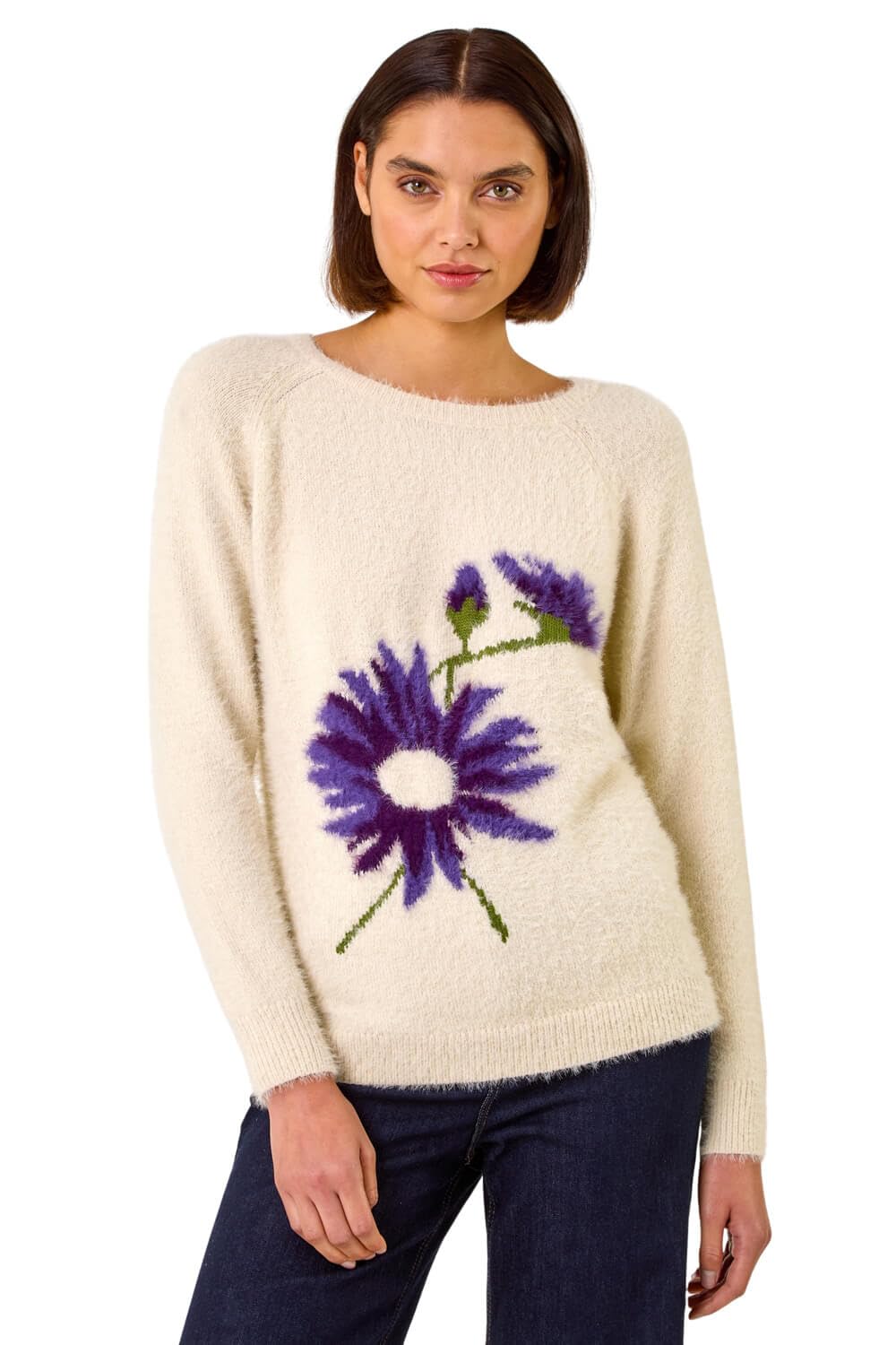 Roman Women's Natural Floral Placement Knit Jumper In | : Size 12