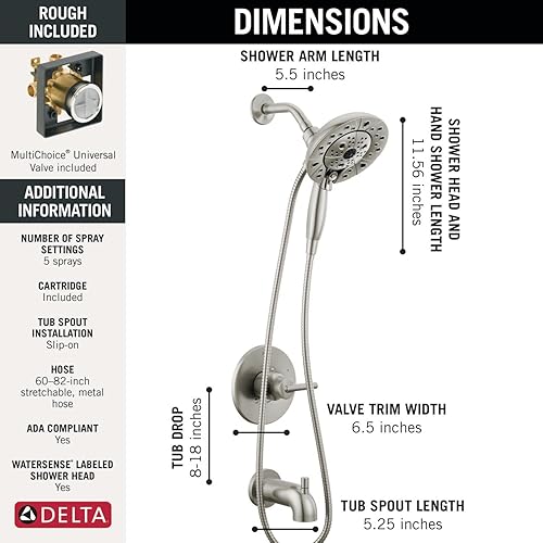 Miniatura 6 de Delta Faucet Trinsic - Kit de moldura de ducha y bañera de una sola manija de la serie 14, grifo de ducha de níquel cepillado con cabezal de ducha
