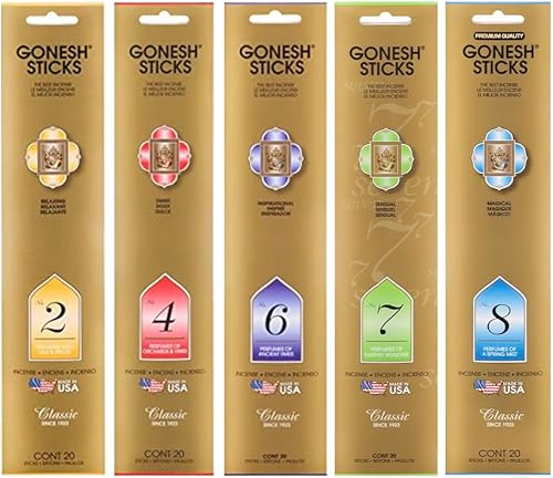 Gonesh - Paquete variado de varillas de incienso clásicas - Varillas aromáticas de combustión lenta no tóxicas de 10 pulgadas - No. 2, 4, 6, 7 y 8-5