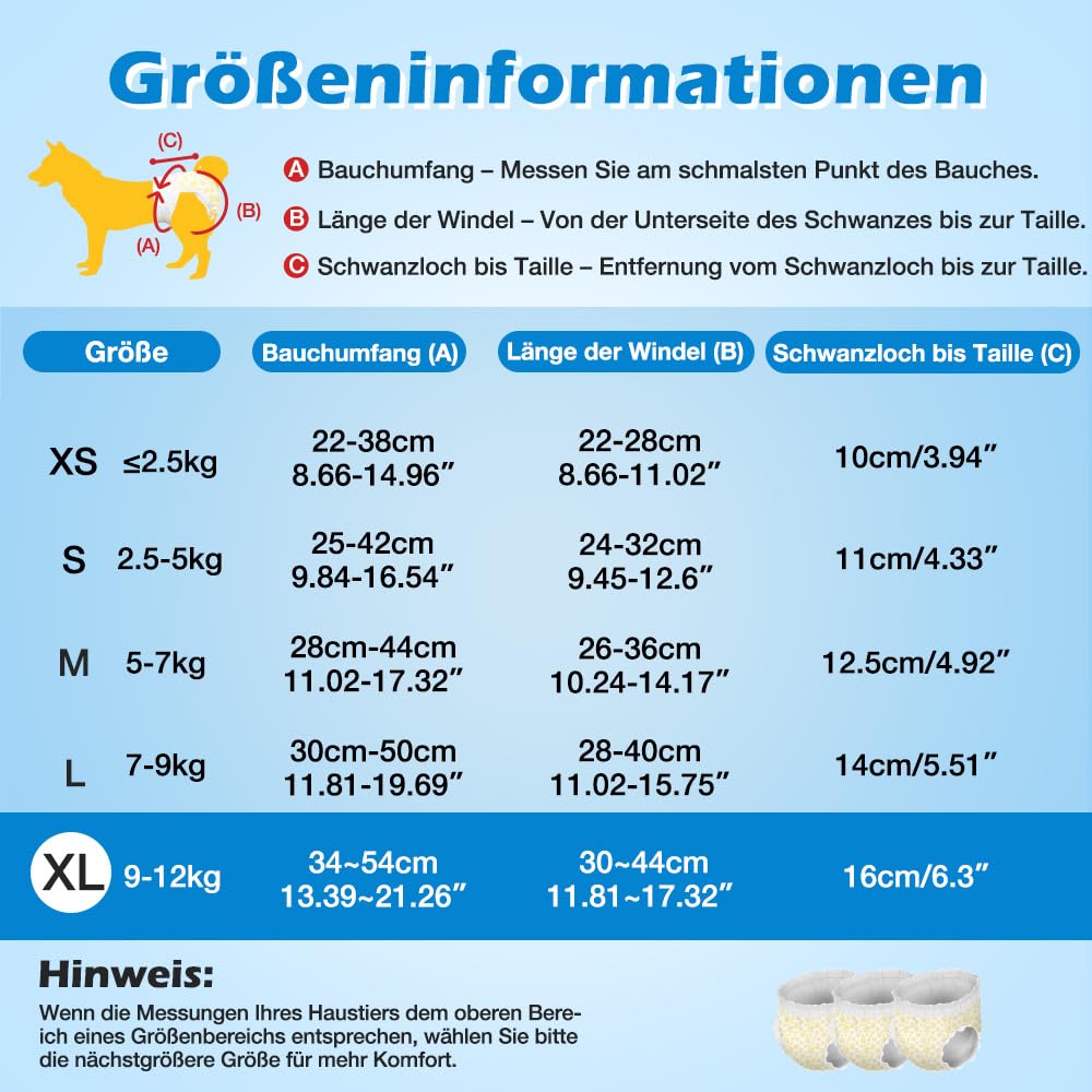 Hunde Windeln, 30 Stück XL Anziehbare Einweg Hundewindeln für Hündinnen, Rüdenwindeln mit 360° elastischem Bund (XL, stück, 30)