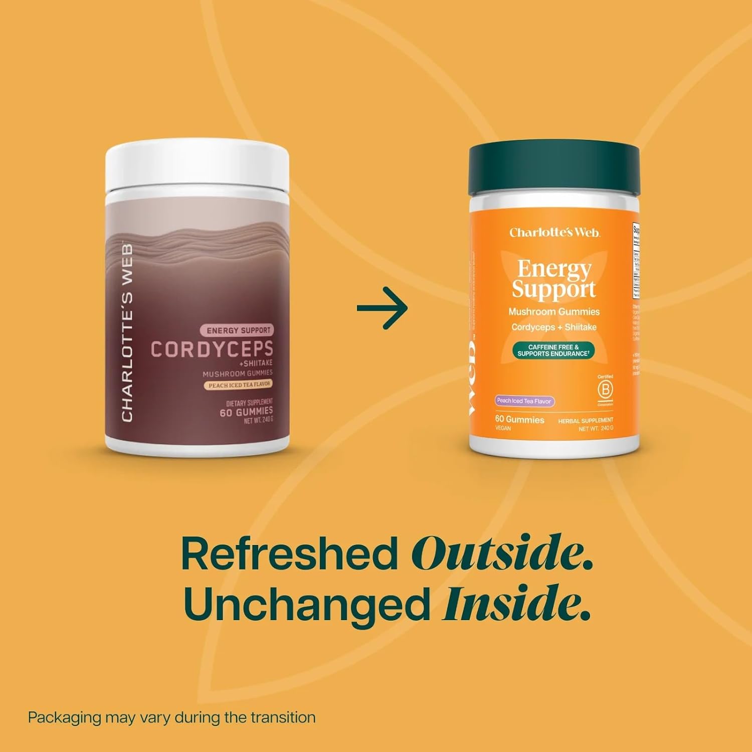 Charlotte's Web Energy Support Mushroom Gummies w/Cordyceps & Shiitake Mushrooms, Caffeine-Free Energy Supplements — Cordyceps Mushroom Gummies, Peach Iced Tea Flavor (30 Servings)