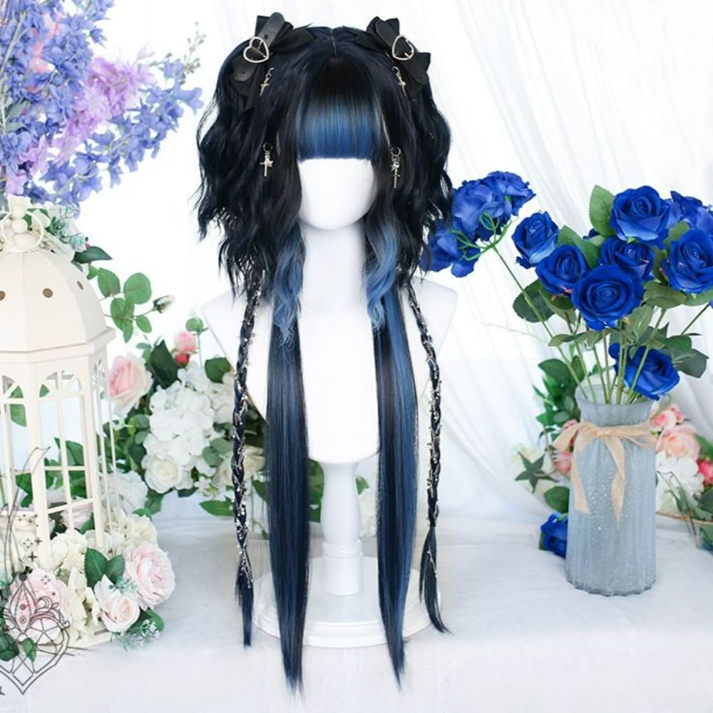 Lolita Blue Short Cosplay wig NWT? Dark Blue Short Curly Wavy Hair Wig with Bangs Natural  main image 3