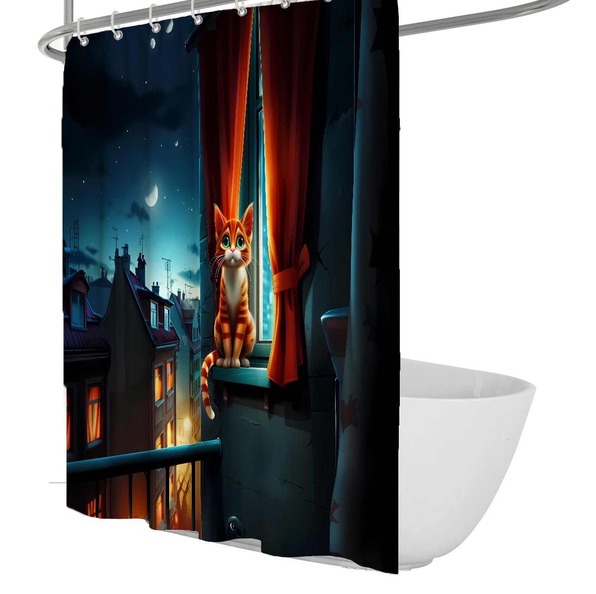 UERWOWELL Cute Orange Cat by Window Shower Curtain Night City Scenery Bathroom Decor Waterproof Polyester Fantasy Animal Bath Curtains with Hooks W150xL180 cm