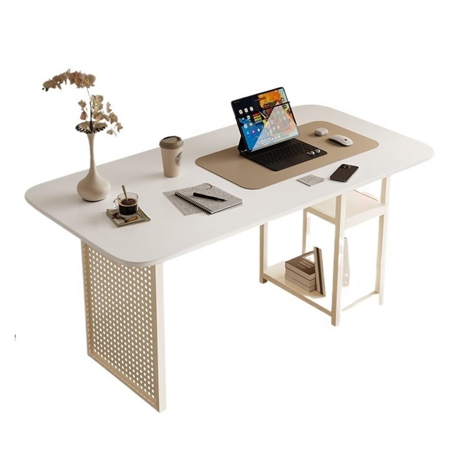 Acrittura Tavolo bianco for l'home office con ripiani portaoggetti a 2 livelli(M)