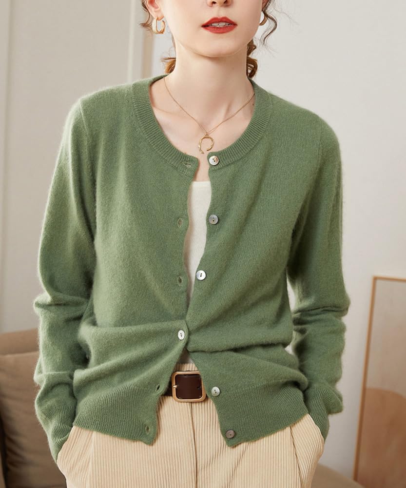 Valin Chaqueta de punto de cuello redondo de cachemira para mujer, verde, 46 | Mezcla de lana de cachemira, cuello redondo, hombro caída, tira de botones, corte holgado, punto liso, suave, uso diario