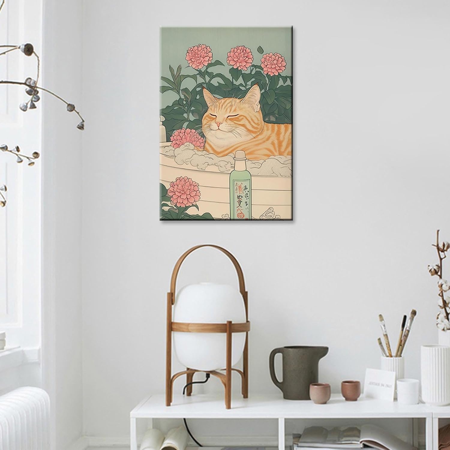 KFDJIG Japanese Ginger Tabby Cat Taking A Bath Posters Animals In The Bathtub Canvas Wall Art Flowers Aesthetic Prints Painting For Bathroom Home Bedroom Dorm Wall Decor 12x16in Framed