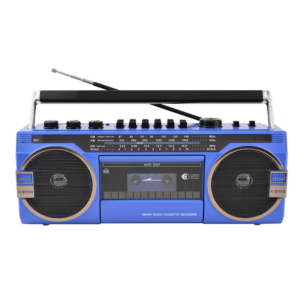 Deronder Radio Recorder, Cassette Deck, Tape Player, Power Outlet/Battery Powered, Portable Radio, Stereo Radio Recorder with Bluetooth Function (Blue)