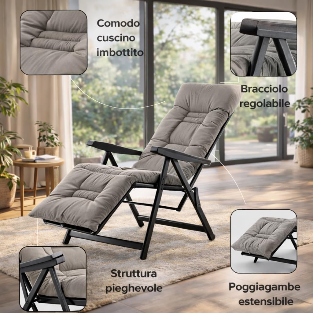 Sdraio Reclinabile Imbottita 154x60x65 cm 6 Posizioni Prolunga Estendibile Braccioli Ergonomici Struttura Acciaio Grigio Made in Italy