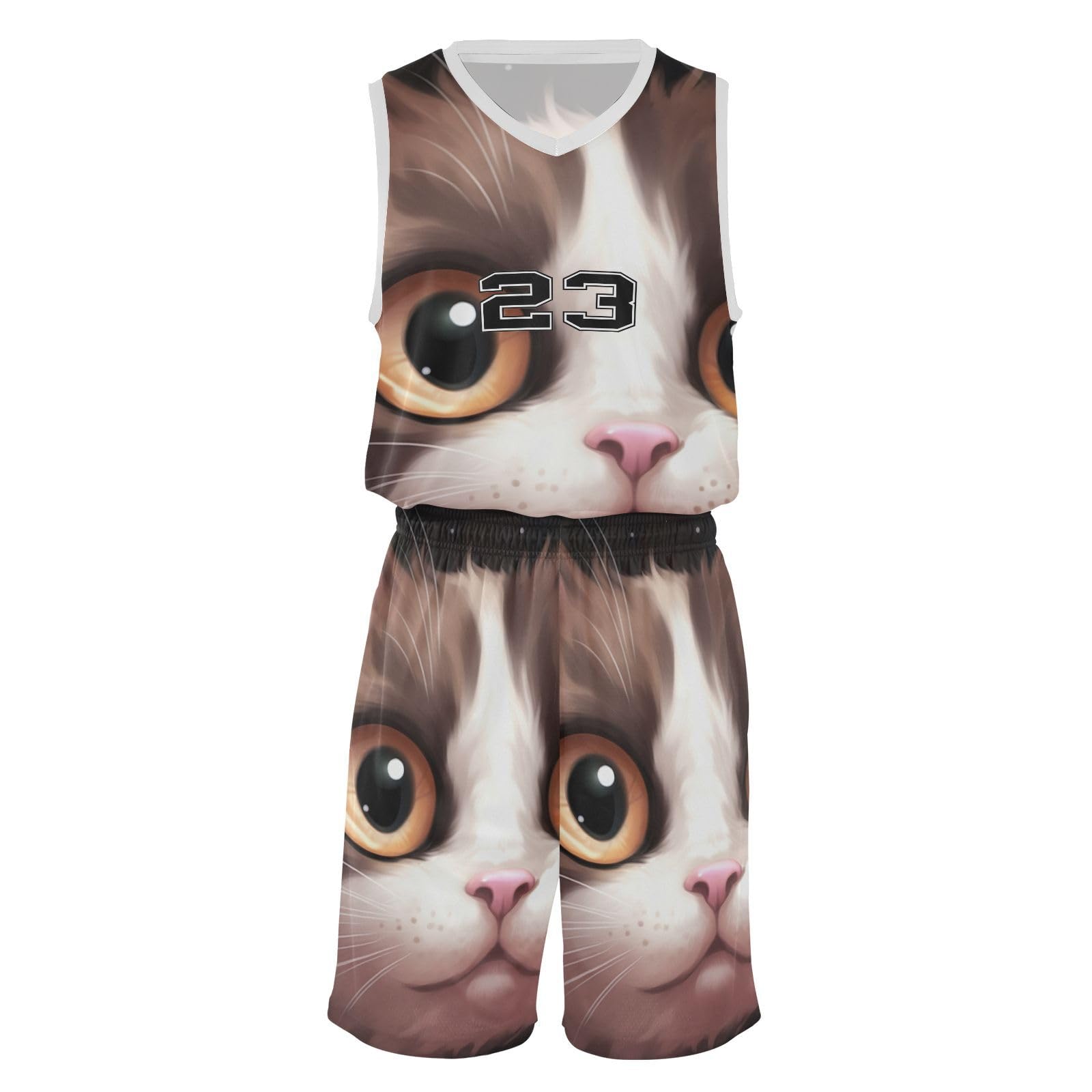 FLildon Big Eyes Cat Boys Basketball Jersey Set Tank Top Shorts Tracksuit Sport Training Suit for Kids, L