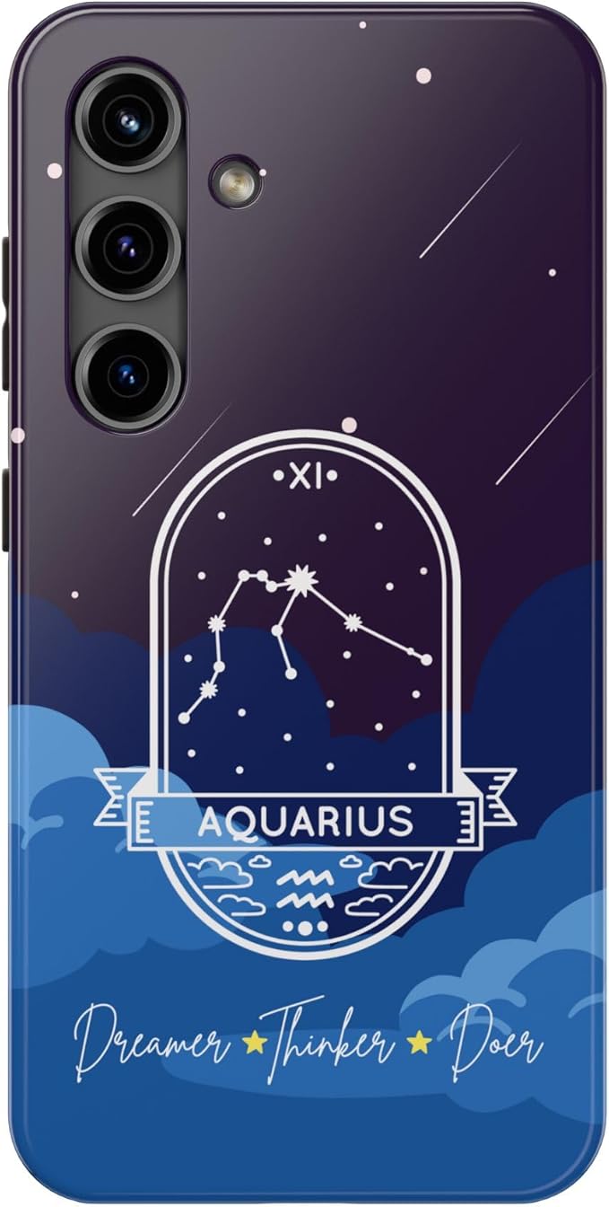Aquarius Dreamer, Thinker, doer Blue Black Tough Phone Case Compatible with iPhone. Girly Zodiac Design. Gift for Aquarius