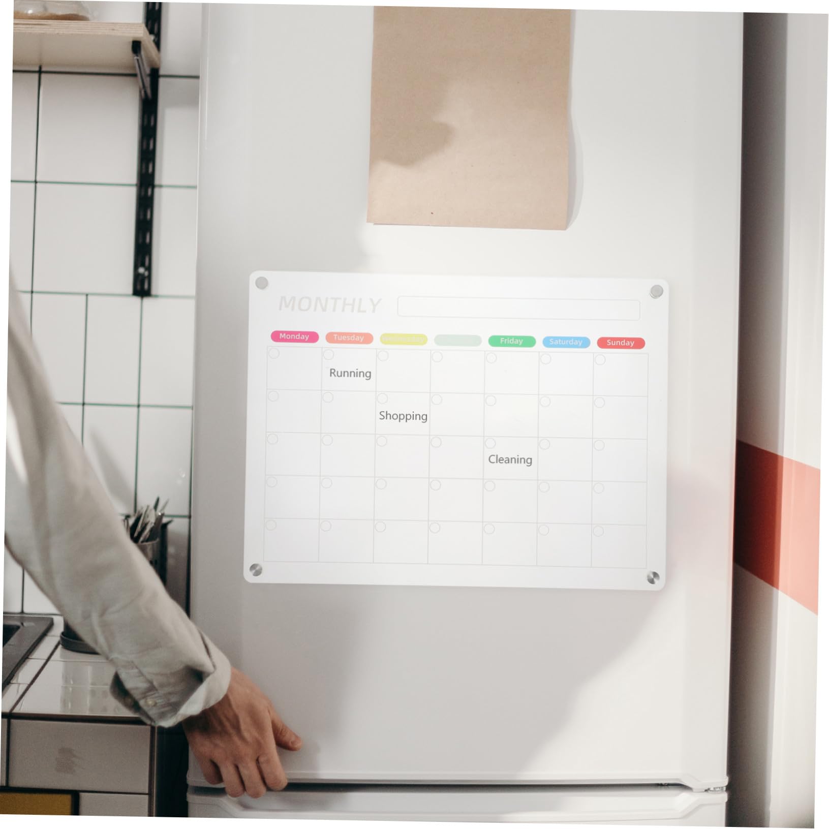 Lavagna Cancellabile per Frigorifero con Calendario Mensile e Settimanale Planner Trasparente per Lista To Do e Memo Include Pennarello Bianco e Panno Pulizia