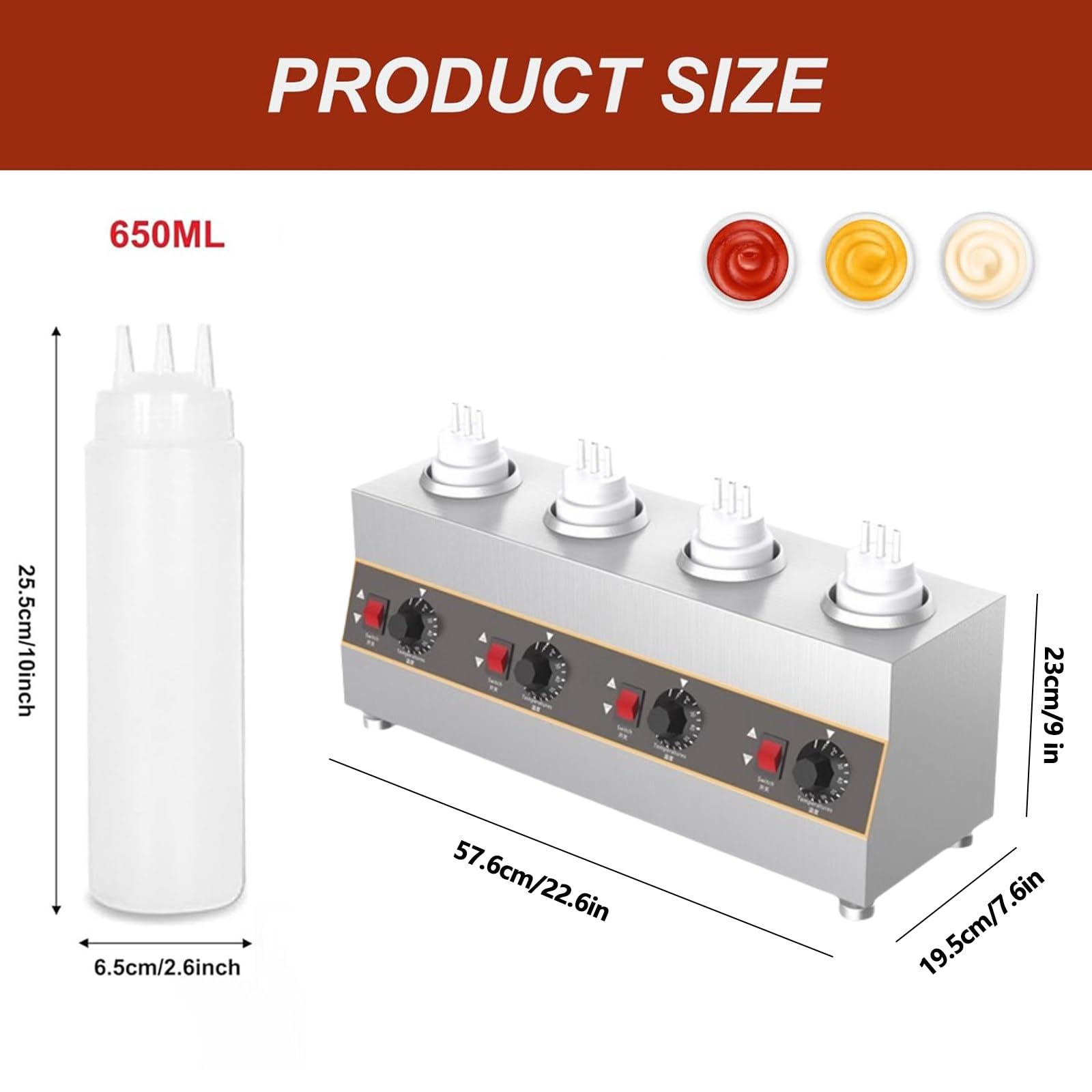 Calentador Eléctrico Salsas Alimentos, Dispensador Comercial Salsas, Dispensador Queso Nachos, Botellas Exprimibles, 160W, 320W, 480W, 640W, Para Caramelo, Chili, Curry, Mantequilla, Salsas 4网格