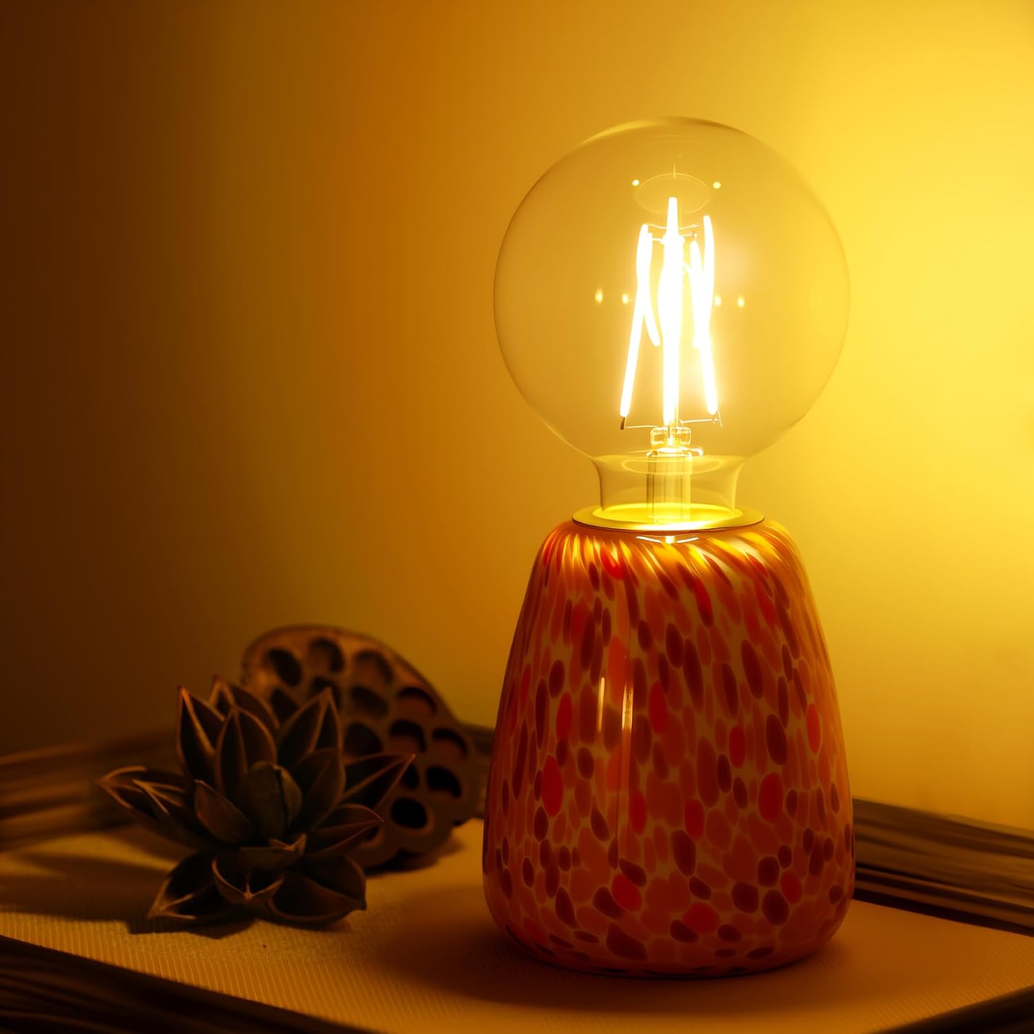 Mini Modern Glass Bedside Table Lamp, 4 x 4 x 9 Inch Nightstand Lamps, with Spherical Bulb Round Side Table Lamps for Bedroom Living Room Entryway Night Light (Orange Red Glass Base)