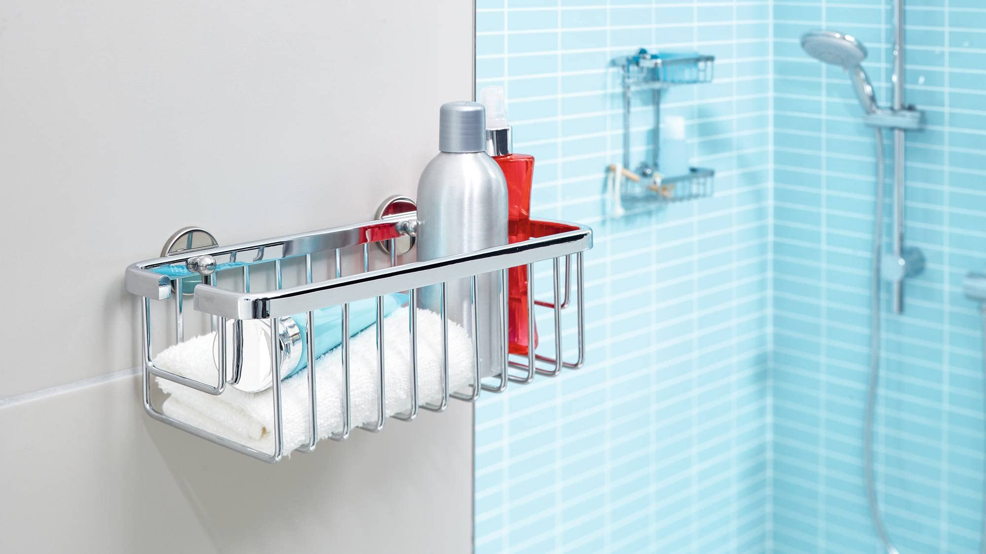 tesa Exxclusiv panier de bain/douche, adhésif, acier inoxydable, design sophistiqué, garanti inoxydable, 55mm x 265mm x 120mm