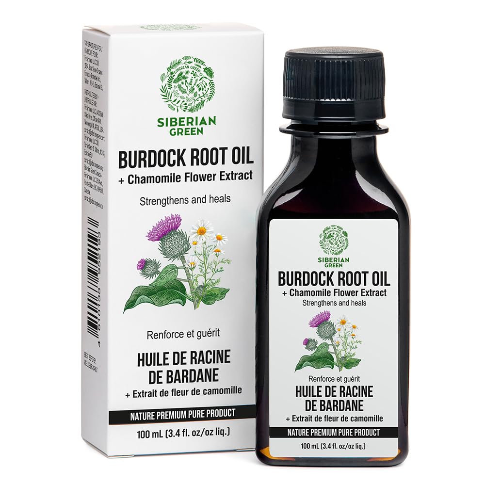 Siberian Green Burdock Oil with Chamomile Extract – 100ml Burdock Root Oil for Hair Growth, Hair Thinning and Loss – Pure and Natural Siberian Herbs – Strengthening and Healing Hair Care