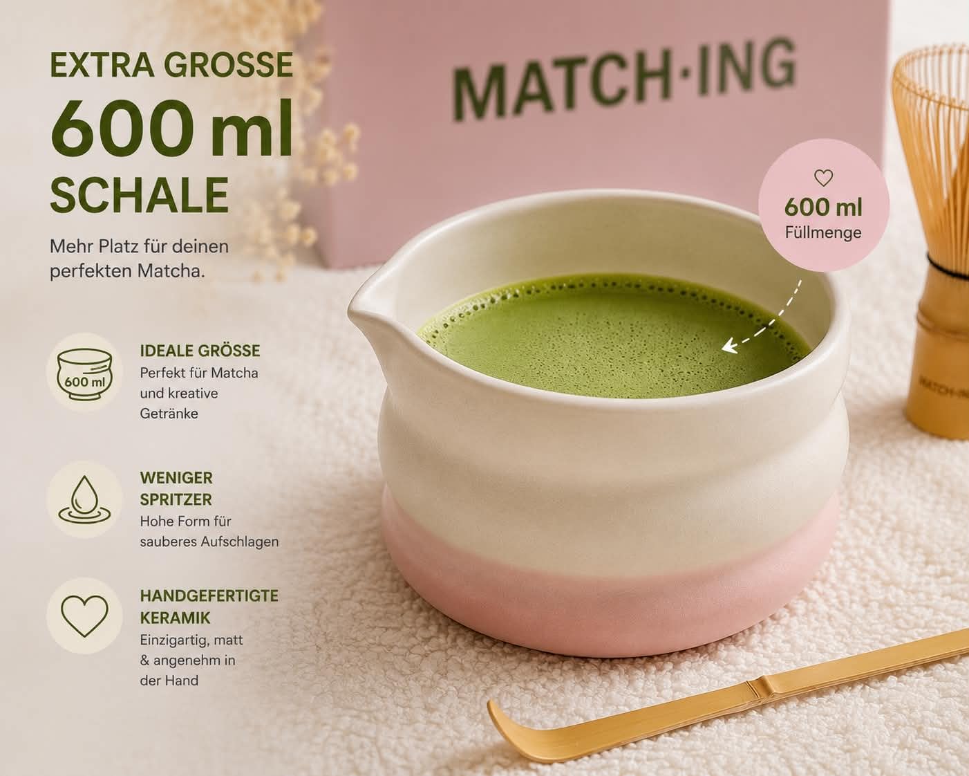 Juego de 4 piezas de Matcha, cuenco de cerámica Matcha, escoba matcha de bambú (Chasen), soporte para escobas y cucharas – Juego de accesorios para matcha japoneses – Rosa