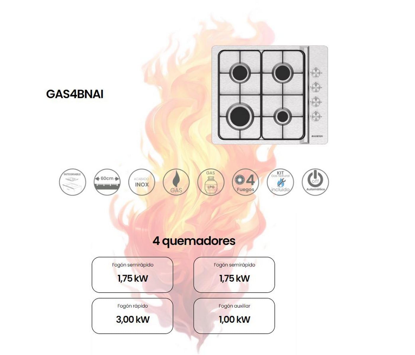 INFINITON Placa de Gas GAS4BNAI, 4 Fuegos, Ancho de 60 cm, Quemadores desmontables, Apagado automático, olocación lateral de los mandos, Superficie de cocción de acero inoxidable