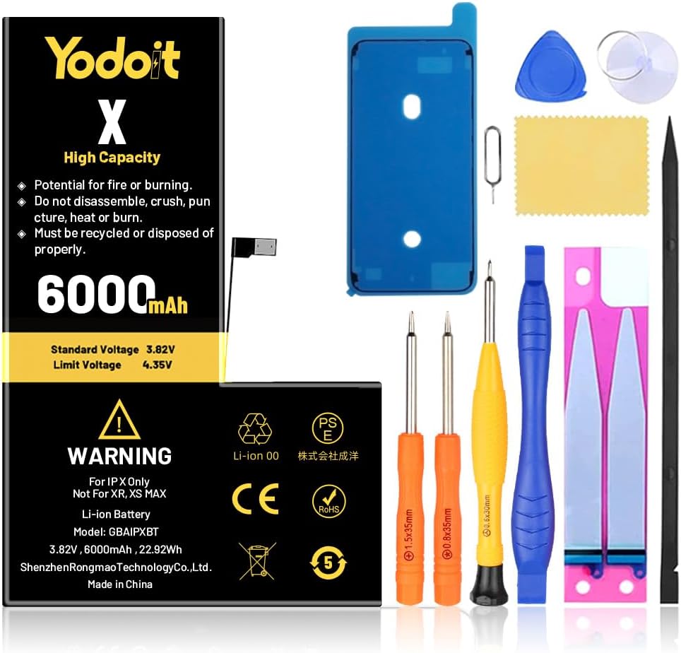 Yodoit for iPhone X Battery Replacement 6000mAh Battery High Capacity 0 Cycle Replacement for Model A1865, A1901, A1902 with Repair Tool Kit & Adhesive