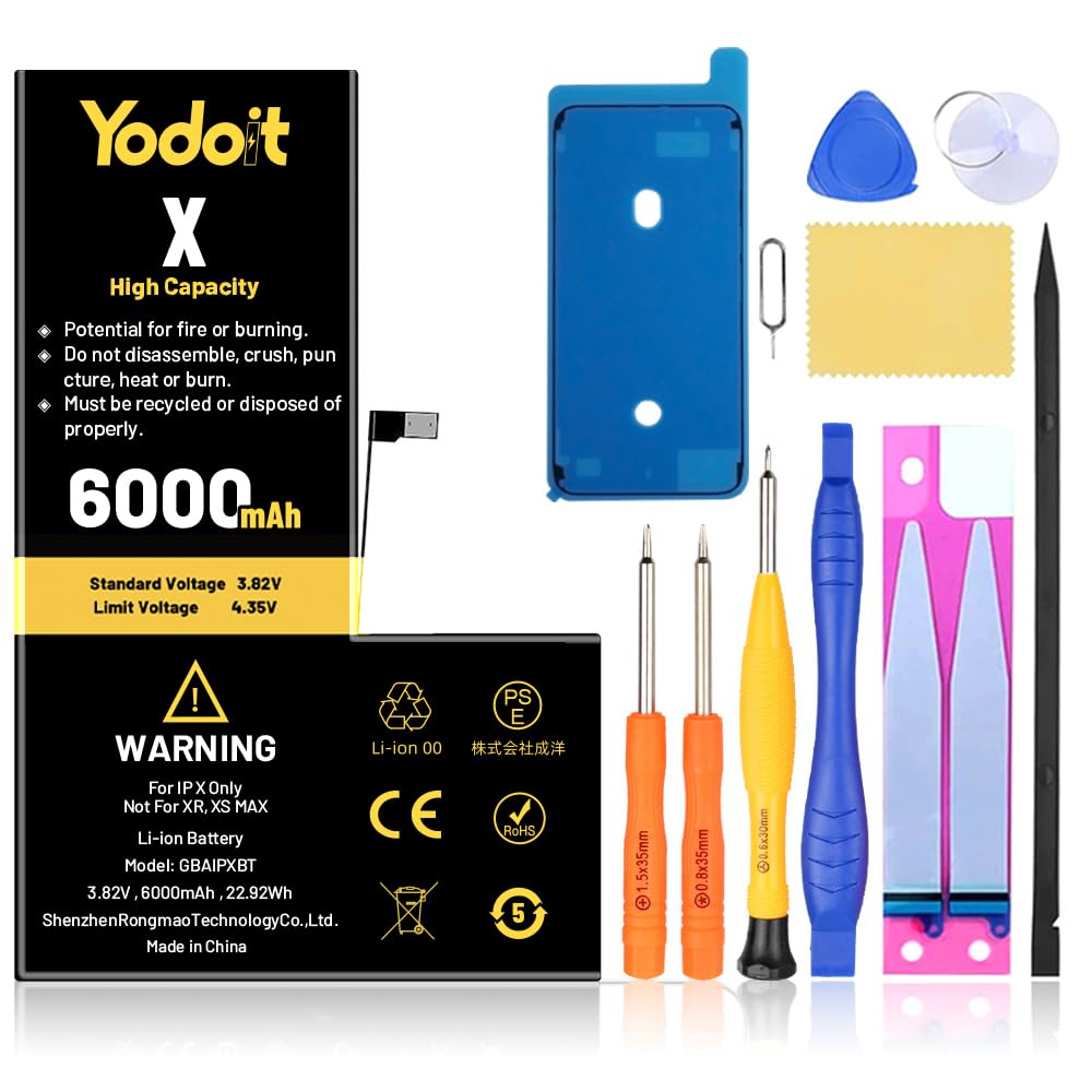 Yodoit for iPhone X Battery Replacement 6000mAh Battery High Capacity 0 Cycle Replacement for Model A1865, A1901, A1902 with Repair Tool Kit & Adhesive
