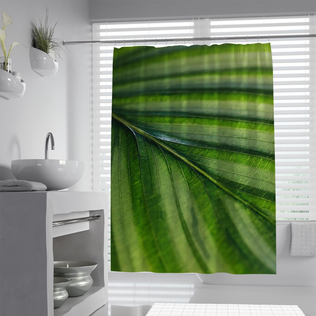 UIRINGART Macro Banana Leaf Bath Curtain W120xL200cm Tropical Green Palm Foliage Waterproof Mildew Resistant Bathroom Enclosure with Hooks