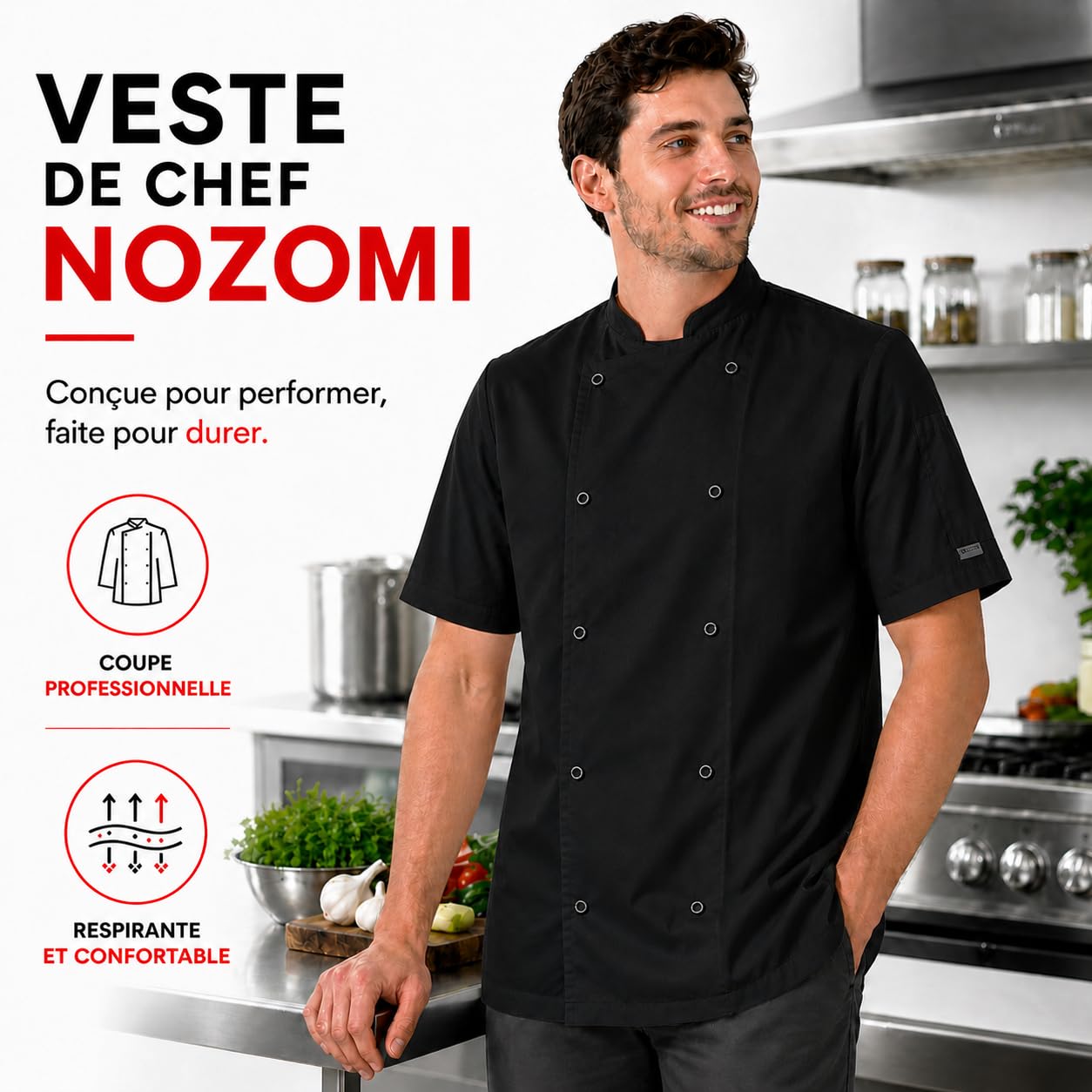 BWOLF Nozomi Veste de cuisinier unisexe pour femme Noir/blanc Vêtements de cuisine professionnels Uniforme à manches courtes, Blanc1, XS