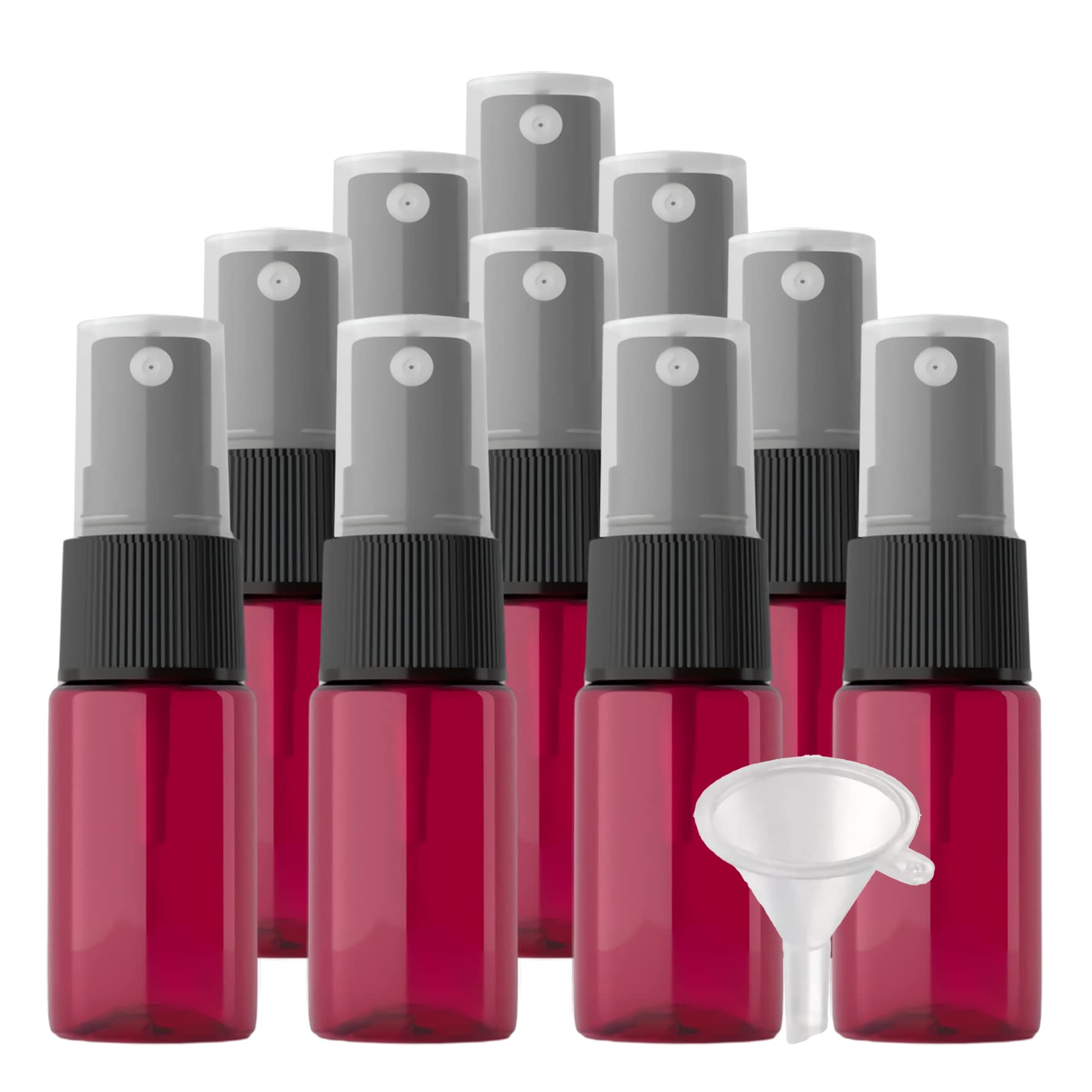 TIANZD 96 Stück Klein Leere Rot 10 ml Kunststoff Sprühflasche mit Schwarz Zerstäuber Flasche, 10ml Feinen Nebel Pumpzerstäuber Parfümzerstäuber Zerstäuberflasche Reise Flakons, 4x Trichter