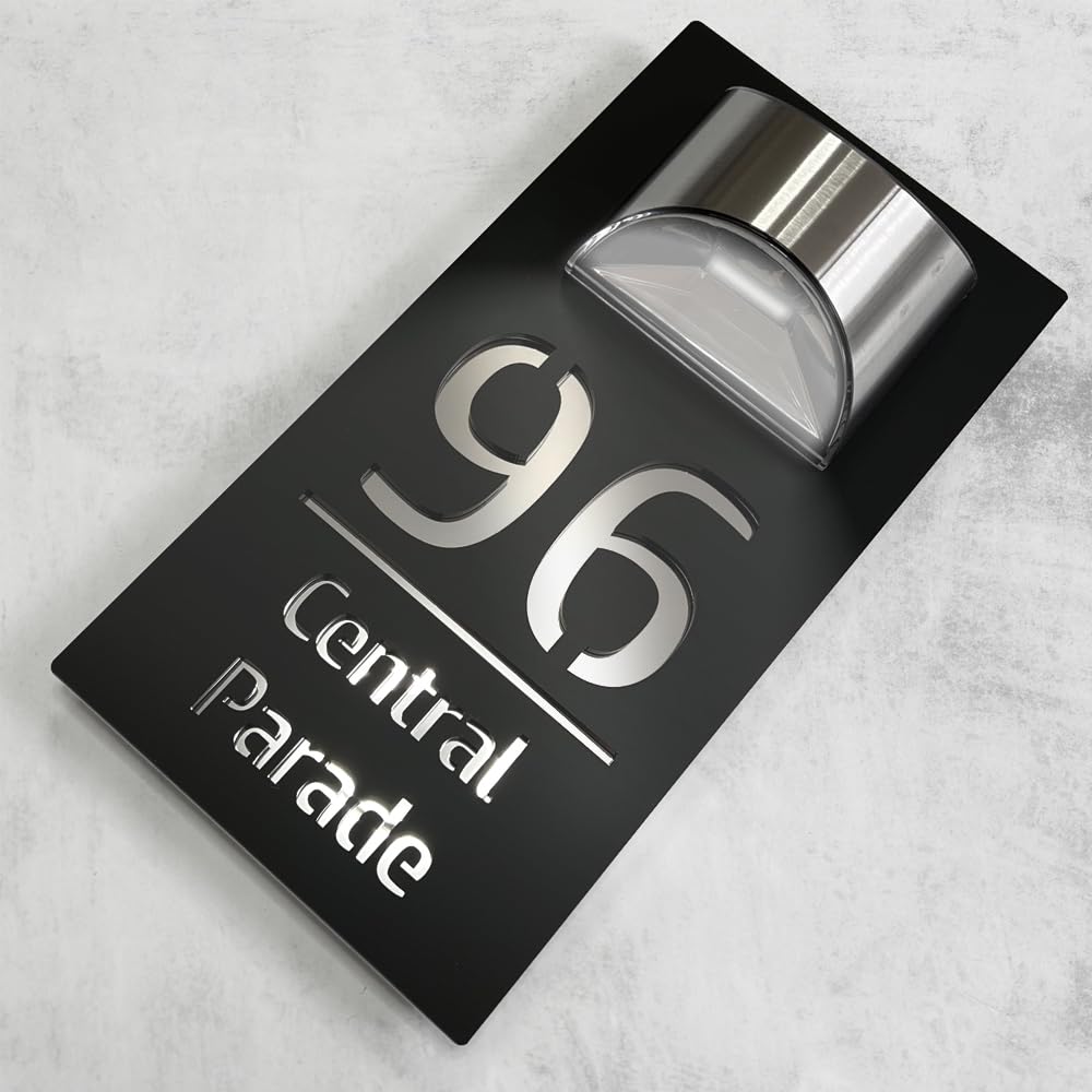 House Numbers Plaques With Solar Light House Numbers Door Signs Personalised Door Number For Wall Name Outside (Black and Mirror Silver)