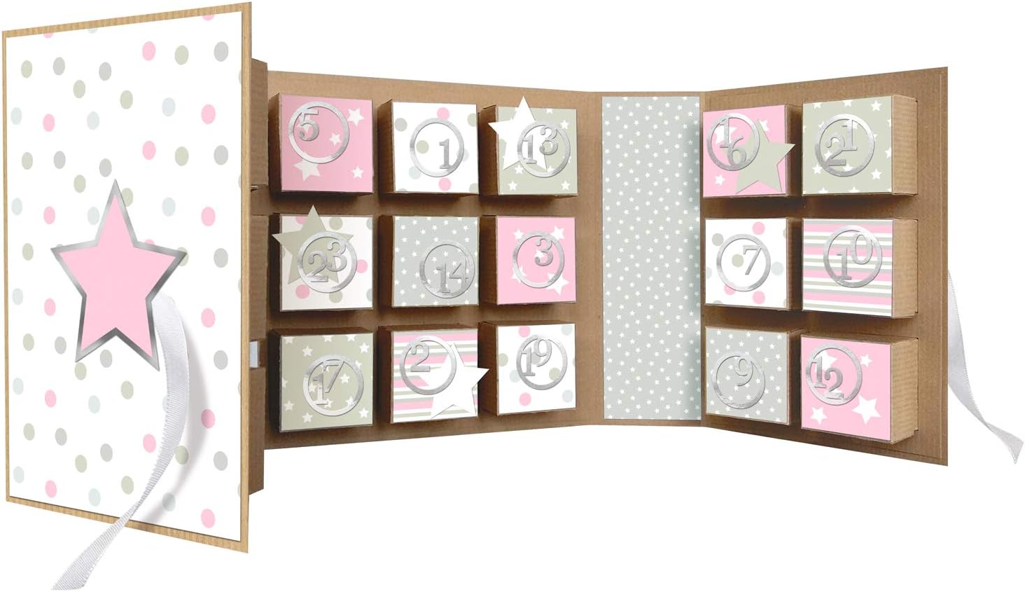 book stars, made of kraft cardboard, material for an advent calendar, including decorative papers, satin ribbon and advent numbers, approx. 22.4 x 16.1 x 5.3 cm, rose / grey, one size