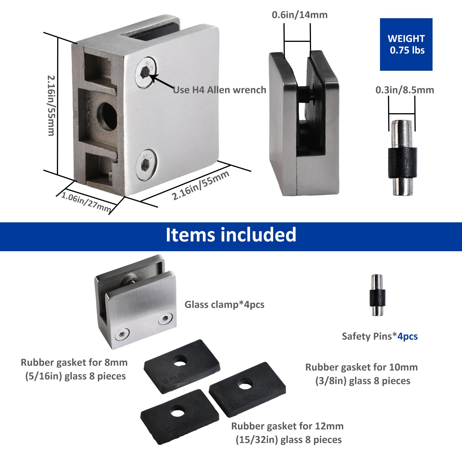 Glass Clampï¼?4PCS Adjustable Glass Shelf Bracket, 1/3 "-1/2" 304 Stainless Steel Glass Clamps, Glass Clamp Bracket Is Suitable for Railing, Stairs, Glass Wall, All Kinds of Glass(4, Silver)