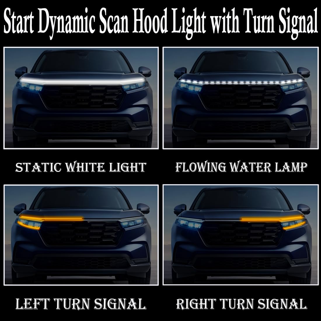 Striscia luminosa per cofano auto,striscia luminosa a LED per cofano con avvio dinamico della scansione,luci diurne con luce bianca e indicatori di direzione gialli, adatta per auto (70 Pollici/12V)