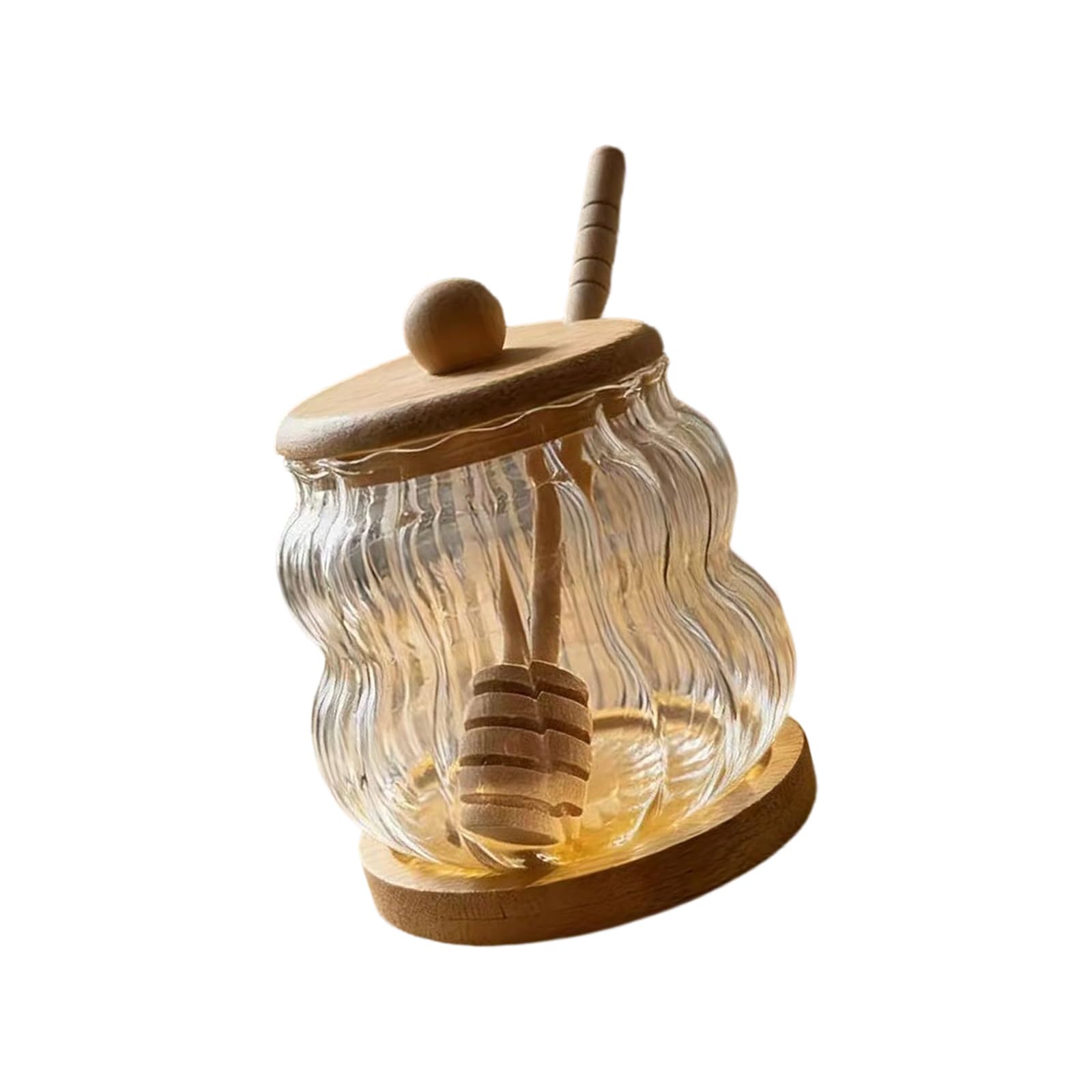Piceioep High Borosilicate Glass Storage Jar with Wood Stirrer and Lid Honeys Container for Honeys and Syrups Dear Dispenser with Stirrer