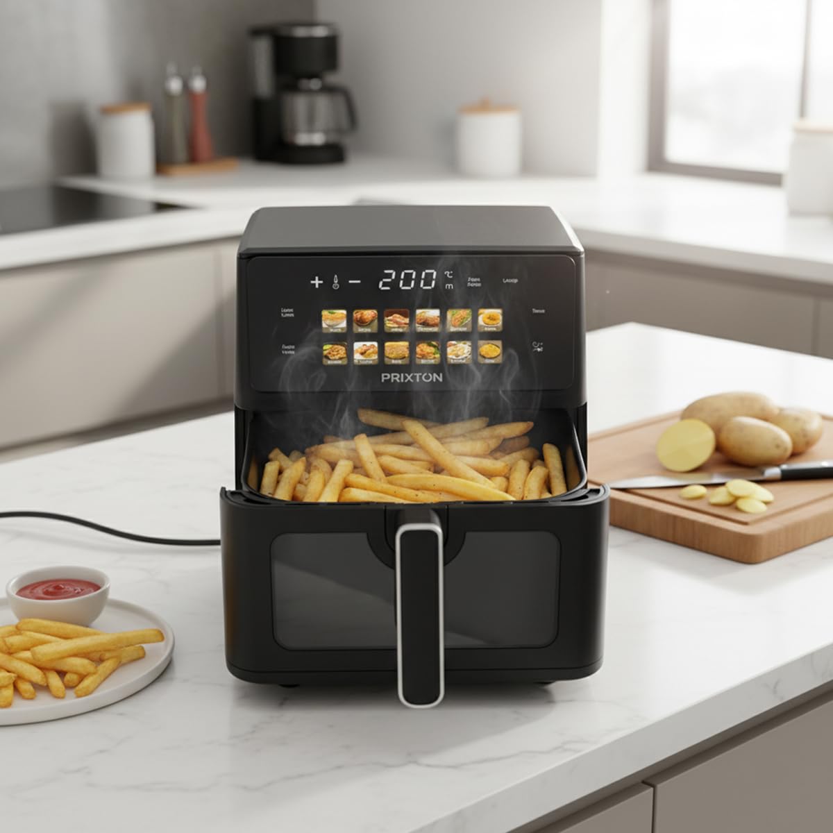 PRIXTON Freidora de Aire Cook Organics 6 L, Air Fryer 1700 W con Doble Resistencia, Pantalla LED Táctil, 12 Programas, Ventana Transparente, Cesto Antiadherente