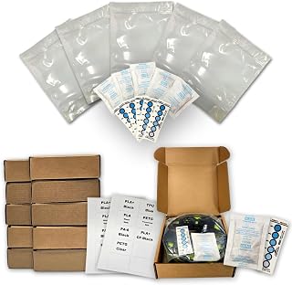 3D Printer Filament Storage Kit 10 Pack. Includes: 10 Boxes,10 Resealable 4.5 Mil Nylon/LDPE Plastic, 10 Rechargeable Clay Desiccant Packs, 10 Humidity Indicators, 30 Printable Labels by NetSellsIt