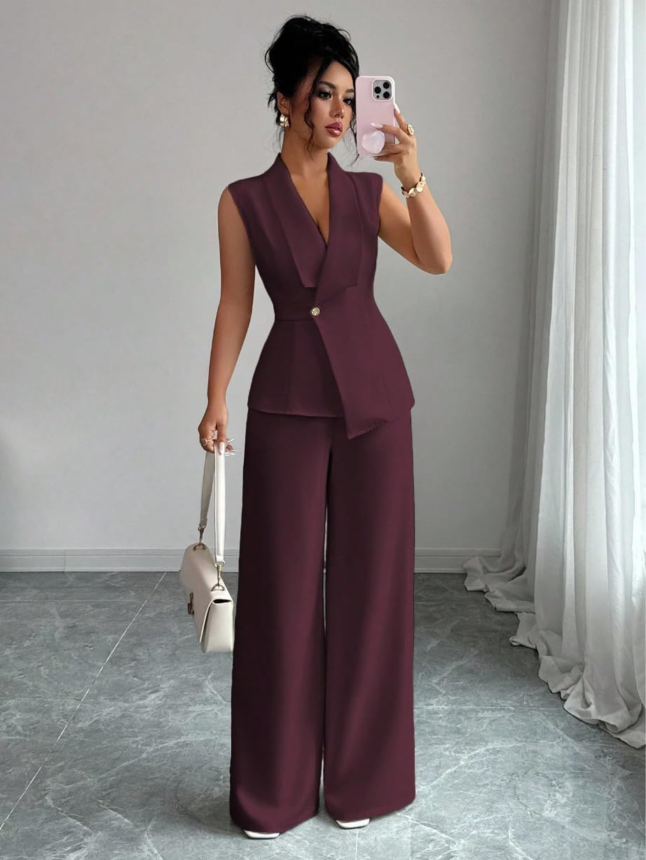 Conjunto Verano Mujer Conjuntos De 2 Piezas Para Mujer Trajes De Oficina Elegantes Blazer Sin Mangas Y Pantalones De Pierna Ancha Conjuntos Casuales Elegantes Para Damas Ideales Para Invitadas A Bod