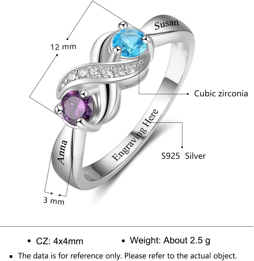 925 Sterling Silver Personalized Infinity Mothers Rings with 2 Round Simulated Birthstones Custom Engraved Engagement Promise Rings for Women