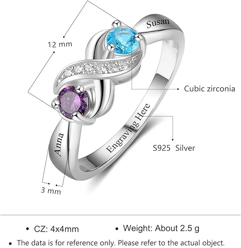 Vista 3 de Anillos personalizados de plata de ley 925 con 2 piedras de nacimiento redondas de imitación grabadas personalizadas, anillos de compromiso