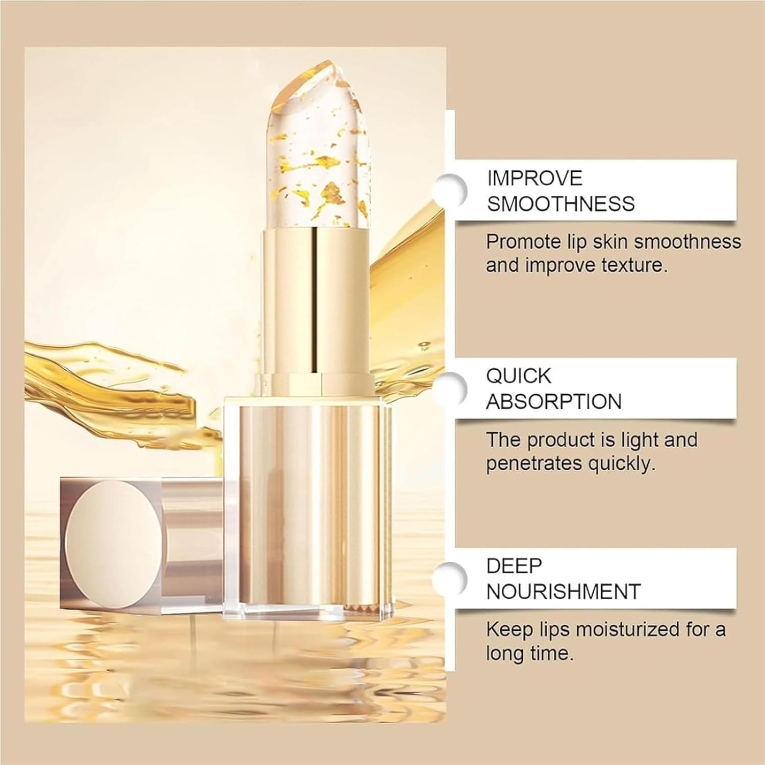 Lápiz Labial con Cambio de Temperatura, Labial de Larga Duración, Bálsamo Labial Transparente Dorado, Labial con PH Adaptable, Bálsamo Labial que cambia con la Temperatura (1PC) - 3