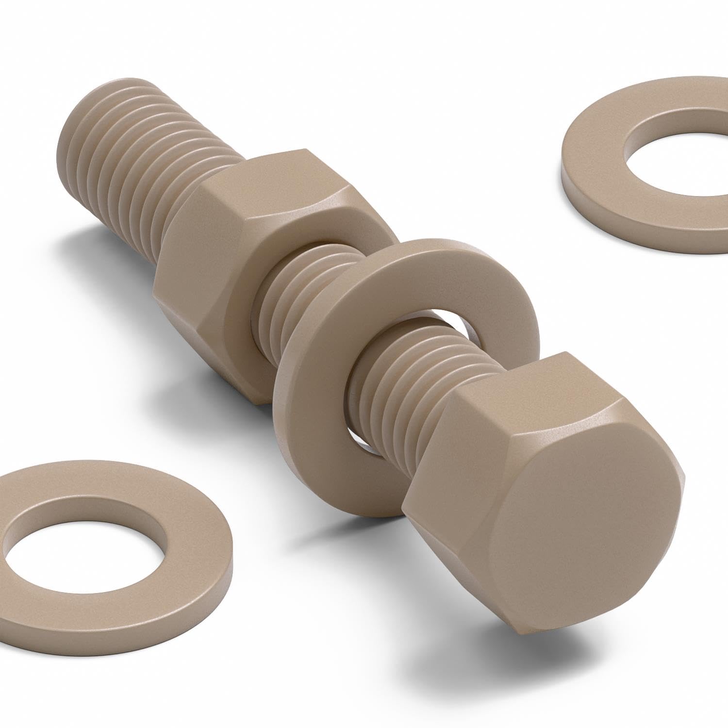 5x Tornillos de cabeza hexagonal naturales de PEEK M12 x 65 mm + tuercas | La cabeza hexagonal se gira con una llave o un vaso y queda sobre la superficie.