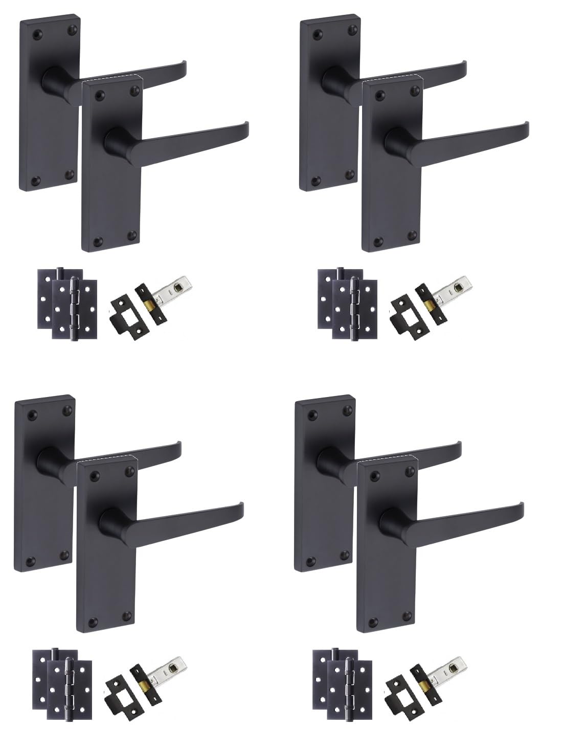 Golden Grace Victorian Straight Handle Latch Door Handles in Matt Black with 1 Pair of 3" Ball Bearing Hinges & Latches, 4 Set - 120mm x 40mm Backplate