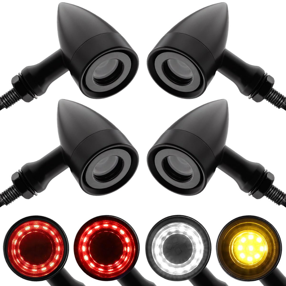 TSUNG Universal Motorcycle LED Turn Signals Lights Small Bullet Front Rear Blinkers Tail Lights for Cruiser Chopper Bobber Cafe Racer Street Bike (RING-Black, 4PCS Front+Rear)