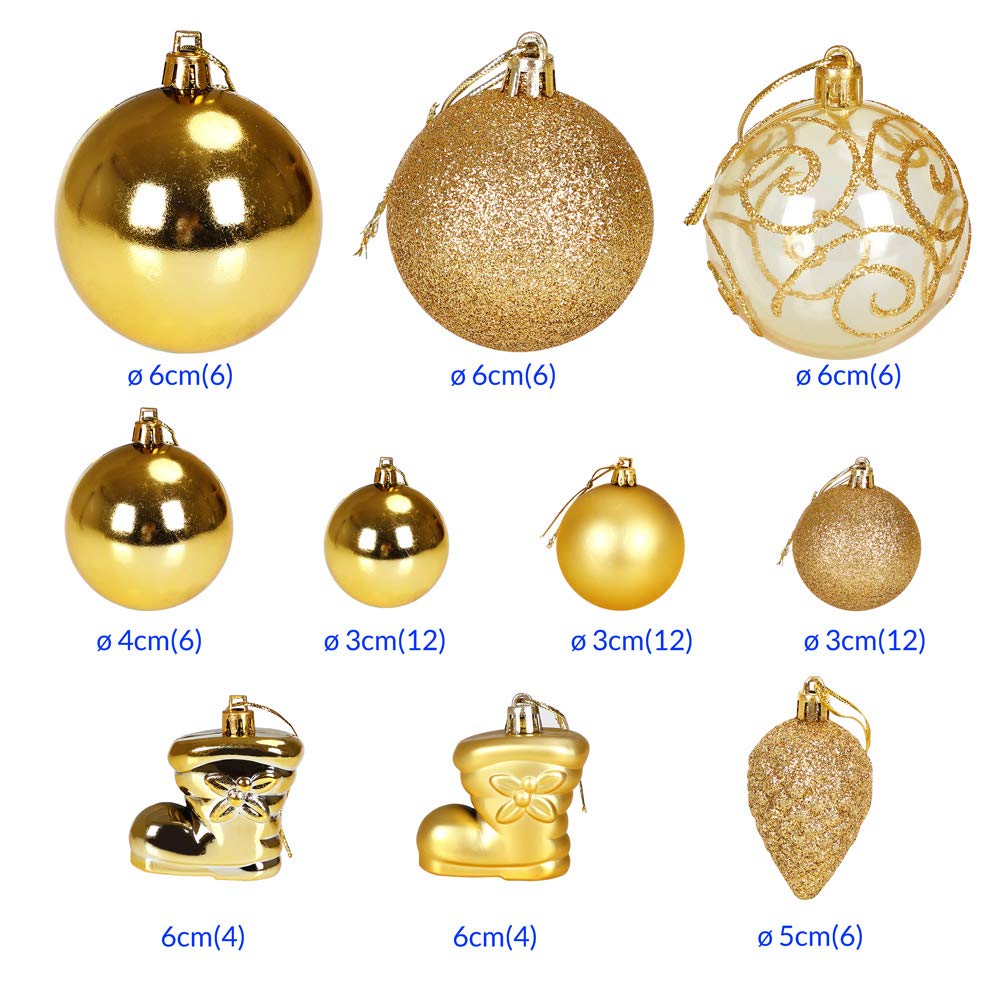 DEUBA Bolas Adornos Árbol Navidad Juego de 102 Piezas Colgantes Dorado | Set Completo, Plástico Resistente a Prueba de Roturas, para Interior y Exterior, Varios Tamaños, Decoración Navideña